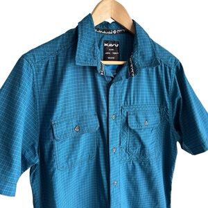 Kavu Short Sleeve Button Down Shirt Mens M Blue Plaid 100% Nylon Outdoor EUC